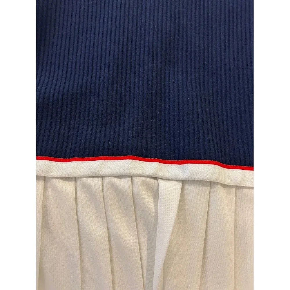 Vintage 1970s Leslie Fay Navy Blue White Pleated Knit Dress Red Trim V-Neck - Picture 13 of 15